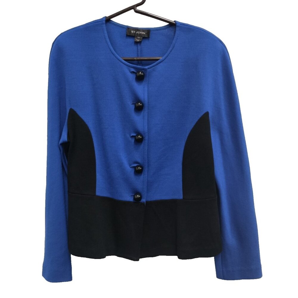 St. John Women Jacket 12 Blue Black Wool Santana Knit Old Money Timeless Classic